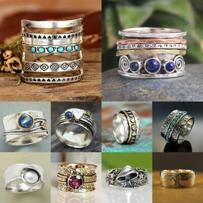 Boho 925 Silver Rings for Women Turkish Handmade Ring Wedding Jewelry Size 6-10