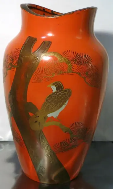 Gorgeous 9 inch Orange Art Deco Hand Made / Painted Ceramic Vase - Japan