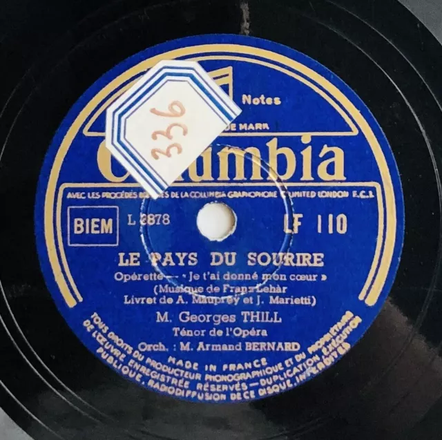 GEORGES THILL le pays du sourire DISQUE 78 tours RPM COLUMBIA LF 110