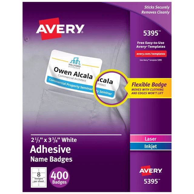Avery Flexible Name Badge Labels, 2 1/3" x 3 3/8", White, Box Of 400