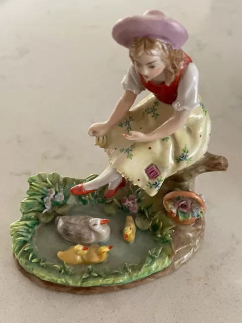 Antique German Carl Thieme Dresden Porcelain Figurine Boy w/ Chicken & Flowers