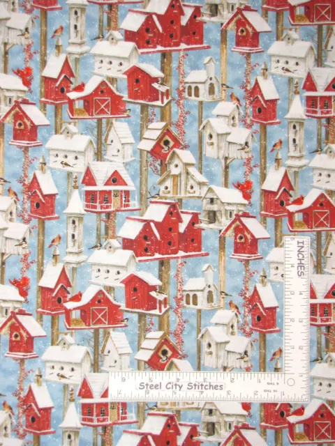 Christmas Bird House Snow  Blue Fabric by Henry Glass Sheltering Snowman Yard