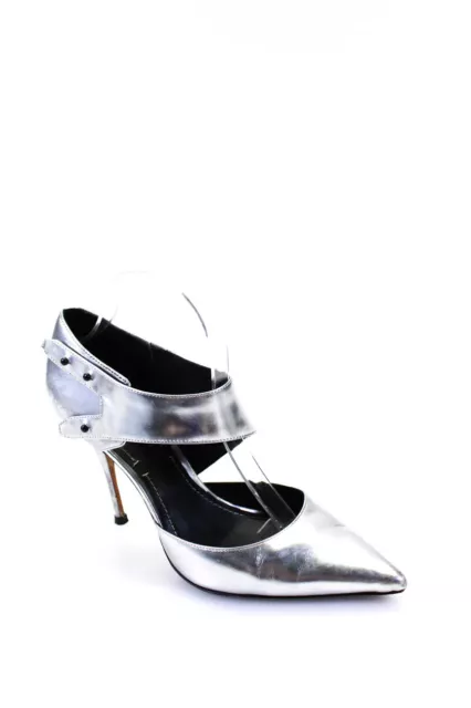 Elizabeth and James Womens Leather Metallic Ankle Strap Stiletto Pumps Silver 9