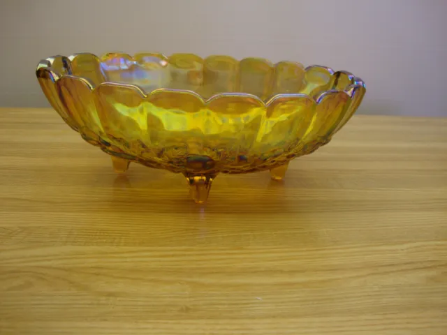 Vintage Indiana Glass Amber Iridescent Carnival Oval Harvest Grape Footed Bowl