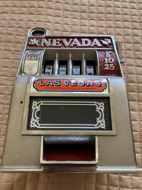 Vintage Mini Slot Machine Toy Gambling Bank Metal Las Vegas Nevada 11" AS-IS