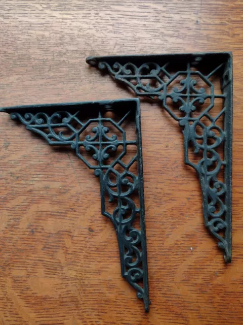 Two Antique Fancy Ornate Victorian Cast Iron Filigreed Shelf Brackets c1885