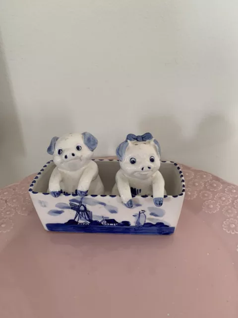 Delft Blue Hand Painted Pig Salt And Pepper Shakers Set With Holder
