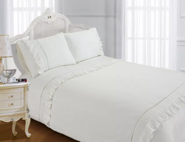 French Linen Stone Wash Cotton Pure White Frill Duvet Cover Set With Pillowcases
