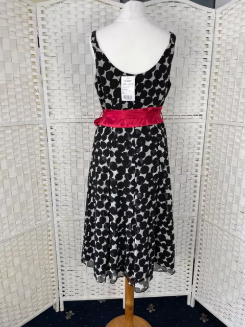 Hobbs black white spotty silk lined pretty dress red satin belt size 10 BNWT 3