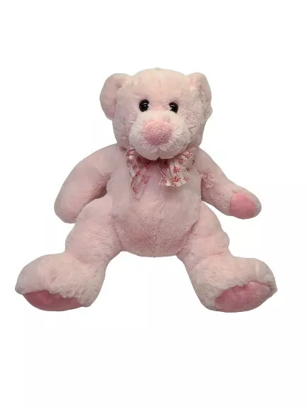 Vintage Walmart Pink Bear Plush Stuffed Animal Teddy Toy Flowered Ribbon 2003