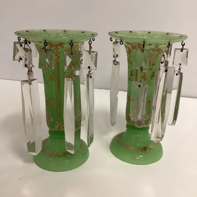 Pair Antique Victorian Uranium Green Vaseline Glass Mantle Lusters WA