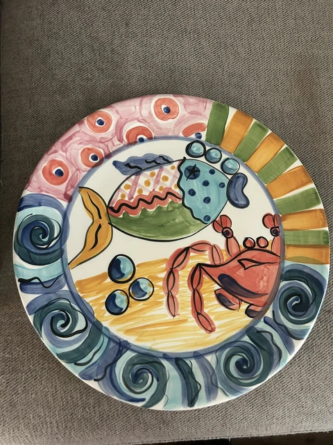 Vicki Carroll fish crab plate platter hand painted signed 1994 14.5”