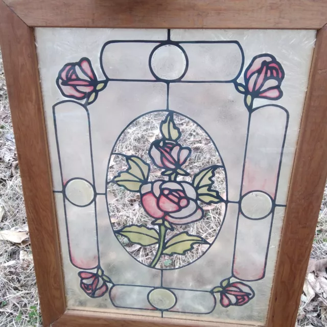 Vintage Stained glass Pink Rose window wooden frame  18.5 x 15 in 2