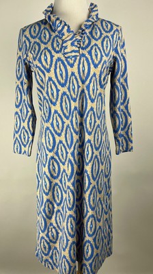 J.MCLAUGHLIN 3/4sl Catalina Cloth Ruffle Neck 'Durham Dress' - S, Blue Tan White