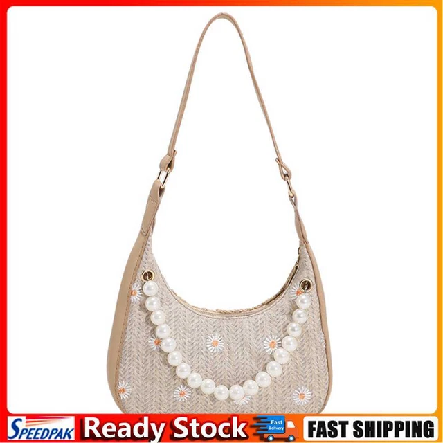 Daisy Straw Women Handbag Summer Beach Leather Shoulder Pearl Tote (Khaki)