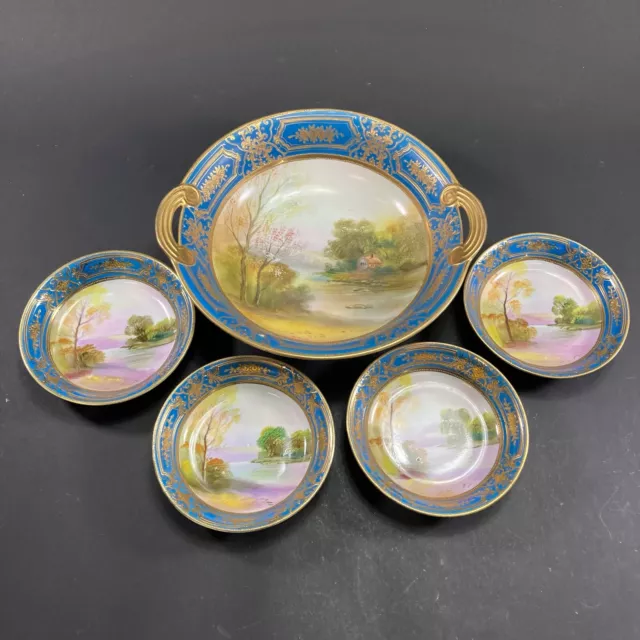 5pc RARE EARLY 1900's ANTIQUE NORITAKE CHINA HAND PAINTED SWEETS SET GOLD GUILD