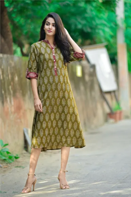 Indian Handmade Green Floral Pure Cotton Kurti Women's Clothing S Size Kurtis UK