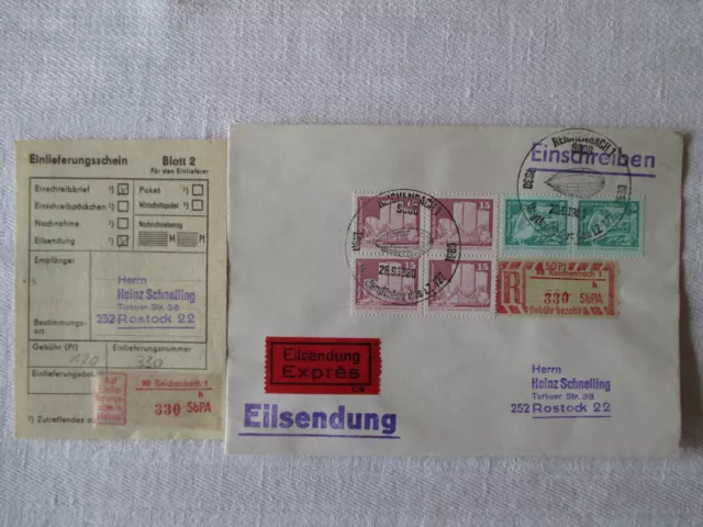 Brief EM SbPA 2 E 98 - 1 h (1) Reichenbach Einschreibemarke DDR SStpl. Zeppelin