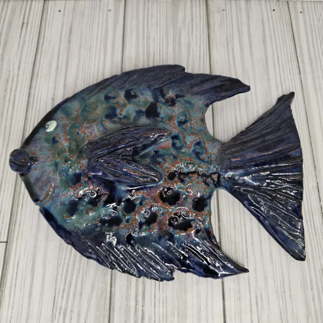 Studio Art Pottery Figural Wall Hanging Blue Fish, Handmade Artist  Signed Blue