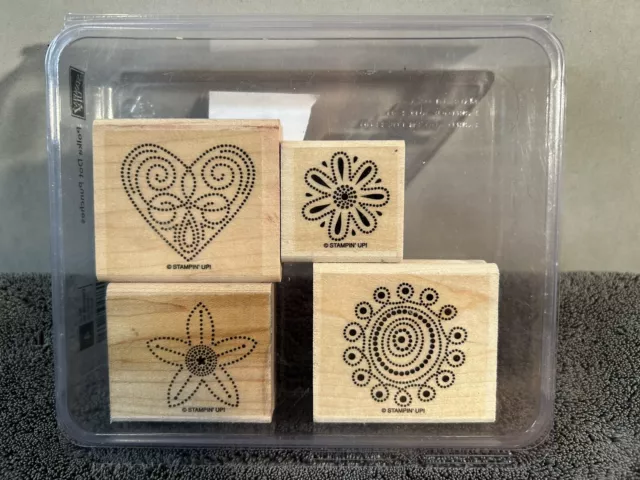 Stampin' Up! Set of 4 Polka Dot Punches Wood Mount Stamps Flowers Heart Swirls