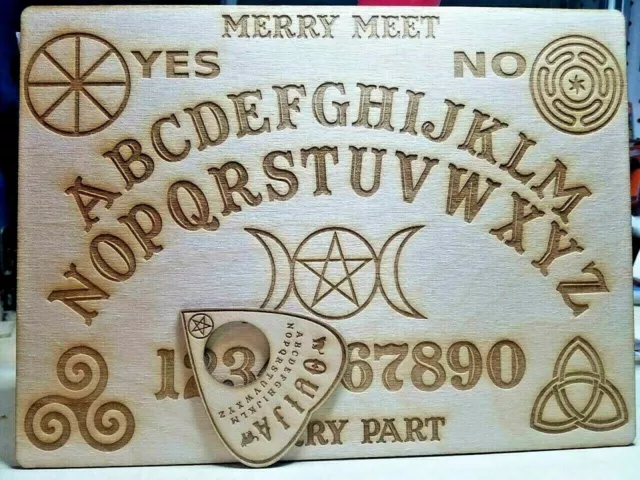 Wooden Ouija Board & Planchette w/ Wiccan Symbols Engraved On Wood