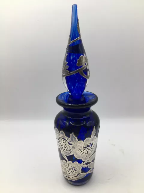 Elegant Laugharne hallmarked 925 silver & cobalt blue glass scent perfume bottle