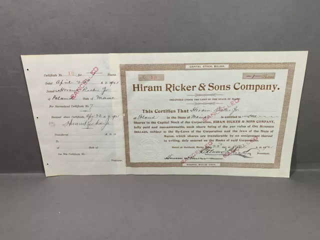 RARE HIRAM RICKER & SONS Poland Spring Water Maine Stock Certificate Signed