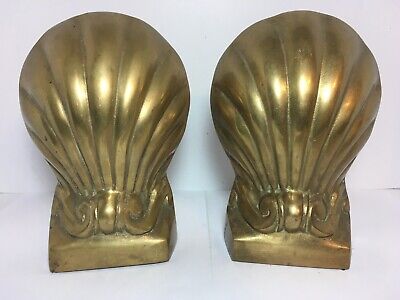 Vintage Heavy Brass Clam Scalloped Sea Shell Bookends 7.25” Beach Home Office