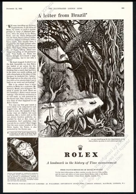 1953 Rolex Oyster watch Brazil jungle lost watch art & story vintage print ad