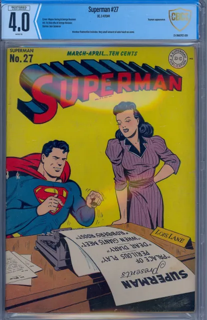 Cbcs 4.0 Restored Superman #27 Toyman Appearance 1944 White Pages Cgc