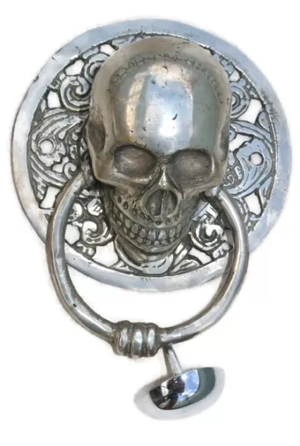 round SKULL head ring pull Handle sILVER BRASS 4" day of the dead door KNOCKER B 2