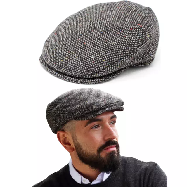 Vintage Hanna Hats Men's Donegal 100% Irish Made Wool Tweed Flat Cap Grey