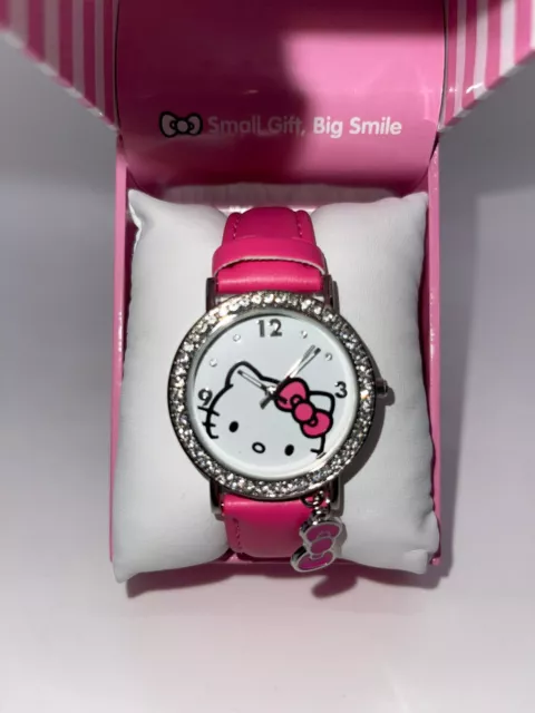 Hello Kitty Watch Silver Crystal Bezel Pink Bow Charm Leather Strap Y2K Bling 3