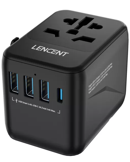 LENCENT Universal International Travel Plug 4 USB Power Adapter Worldwide Black