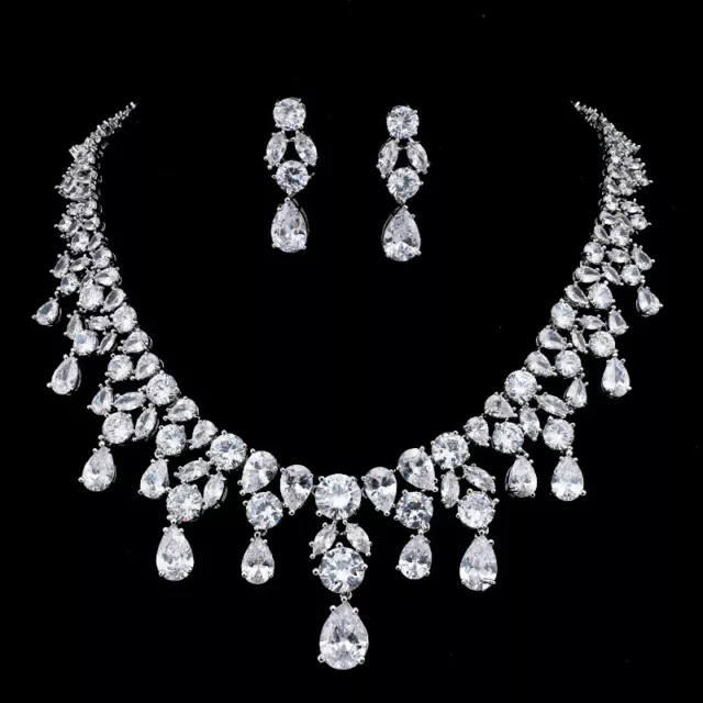 Luxury All CZ Cubic Zirconia Necklace Earrings Set For Women Bridal