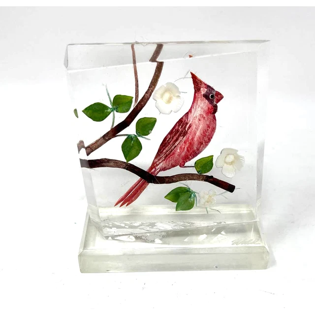 Vintage Bird Cardinal Paperweight Hand Reverse Painted Carved Lucite Signed Wald