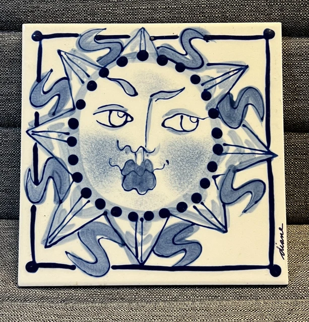 Vintage Diane Artware Trivet Blue & White Sun Wall Tile Trivet 2001