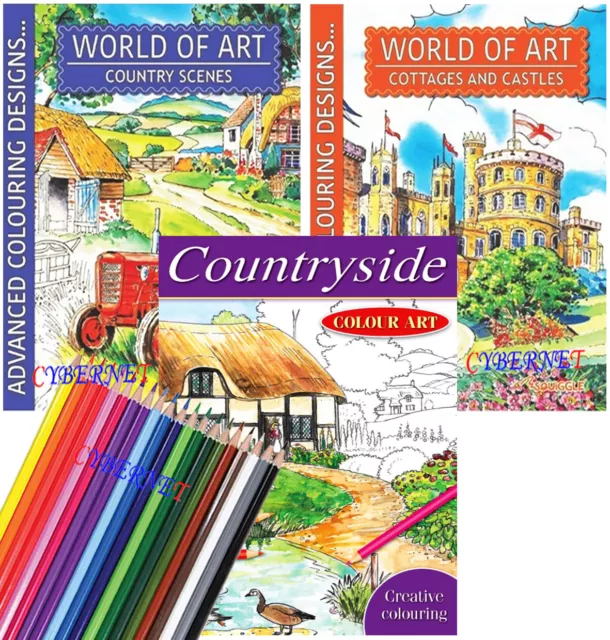 3 x ADULT A4 Colouring Books Book Colour Therapy Relaxing WORLD OF ART PENCILS