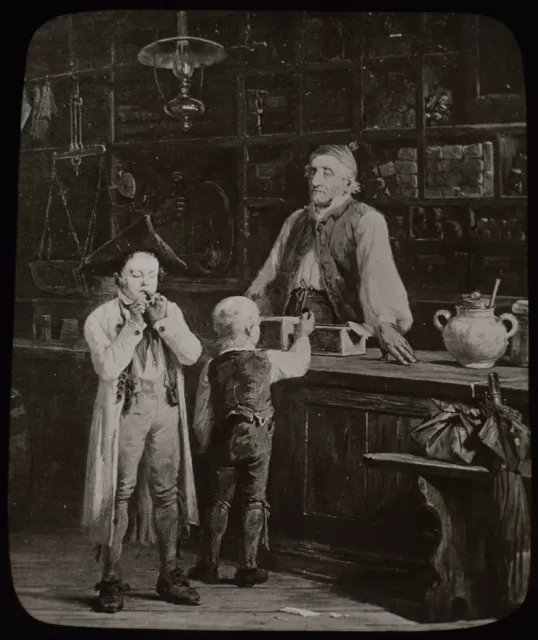 Magic Lantern Slide BOYS IN TOBACCONISTS SHOP C1890 VICTORIAN ILLUSTRATION