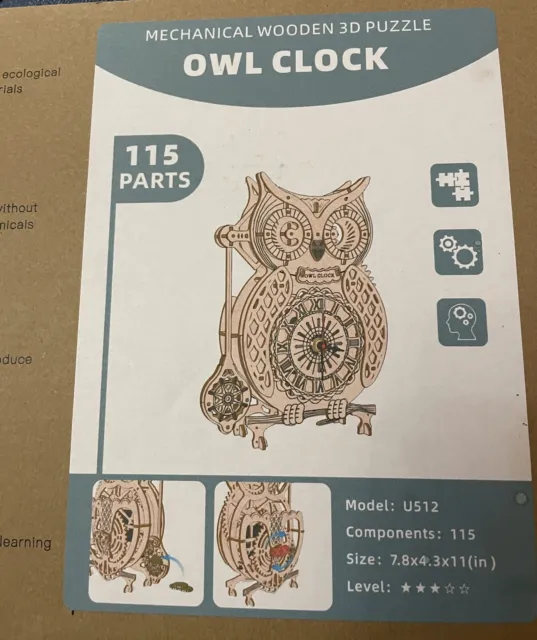 Wooden 3D Owl Clock Puzzle Kit Battery Driven Mechanical Gears Made Once