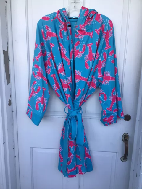 Plover aqua hooded thermoregulating bathrobe with pink lobsters, size OSFM.