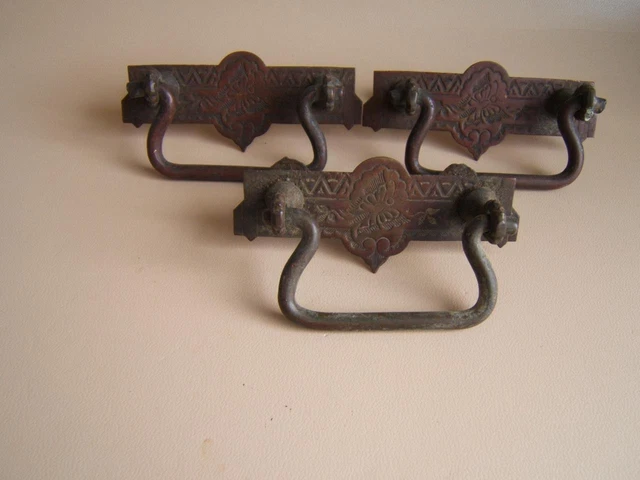 2 Antique Bronze Brass Eastlake Drawer Pulls Engraved Butterfly