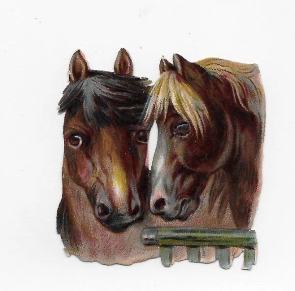 1888 Victorian Chromos de coupis HORSE HEADS antique  die-cut scrap 1.5"