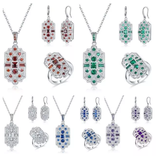Pretty 925 Silver Cubic Zirconia Drop Earrings Ring Necklace Set Wedding Jewelry