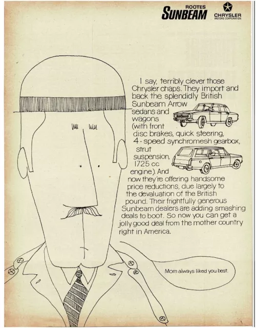 1968 SUNBEAM Arrow Sedan line drawing caricature Vintage Print Ad