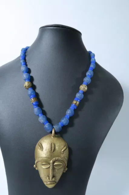 Schöne Ethnokette Mask Togo BG59 Krobo Ghana Recycling Glass Brass Beads Afrozip