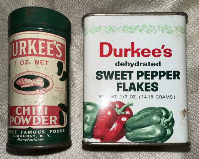Vintage Durkee's Spice Tins Chili Powder Sweet Pepper Flakes Advertising 2 Pc
