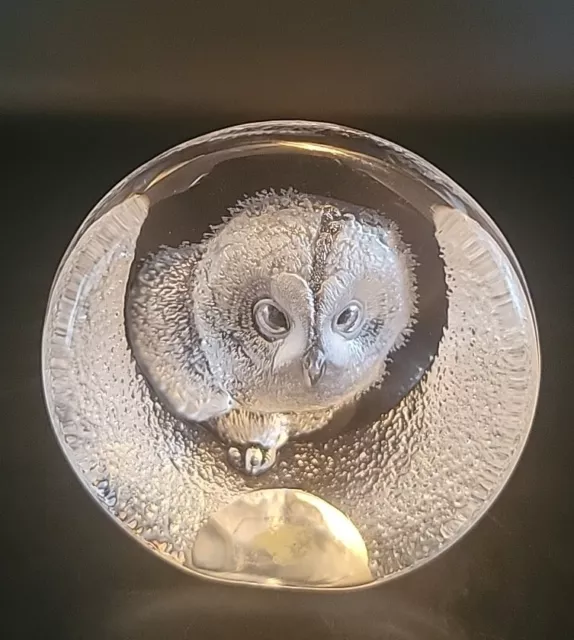 Vintage Mats Jonasson Sweden Lead Crystal Small Owl Paperweight Signed