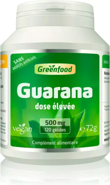 Greenfood Guarana, 500 Mg, Dose Élevée, Pur, 120 Gélules, Végan. Contient De La 2