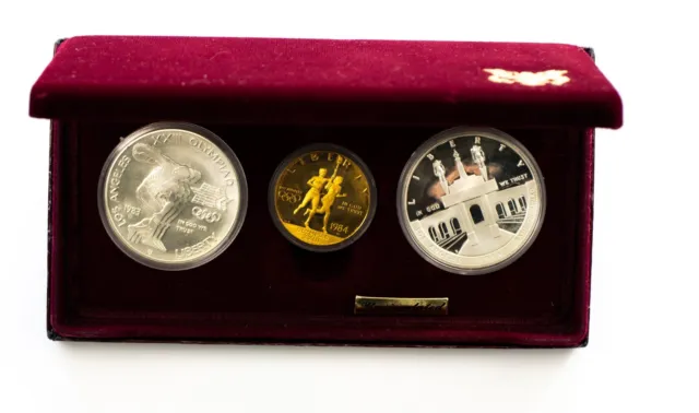 1983 / 1984 US Mint 3 Coin Olympic Silver & Gold Commemorative Proof Set NO COA